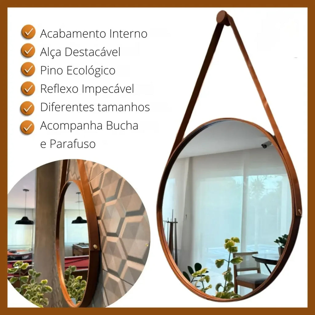 Espelho Redondo Adnet Couro Com Alça + Suporte 60cm