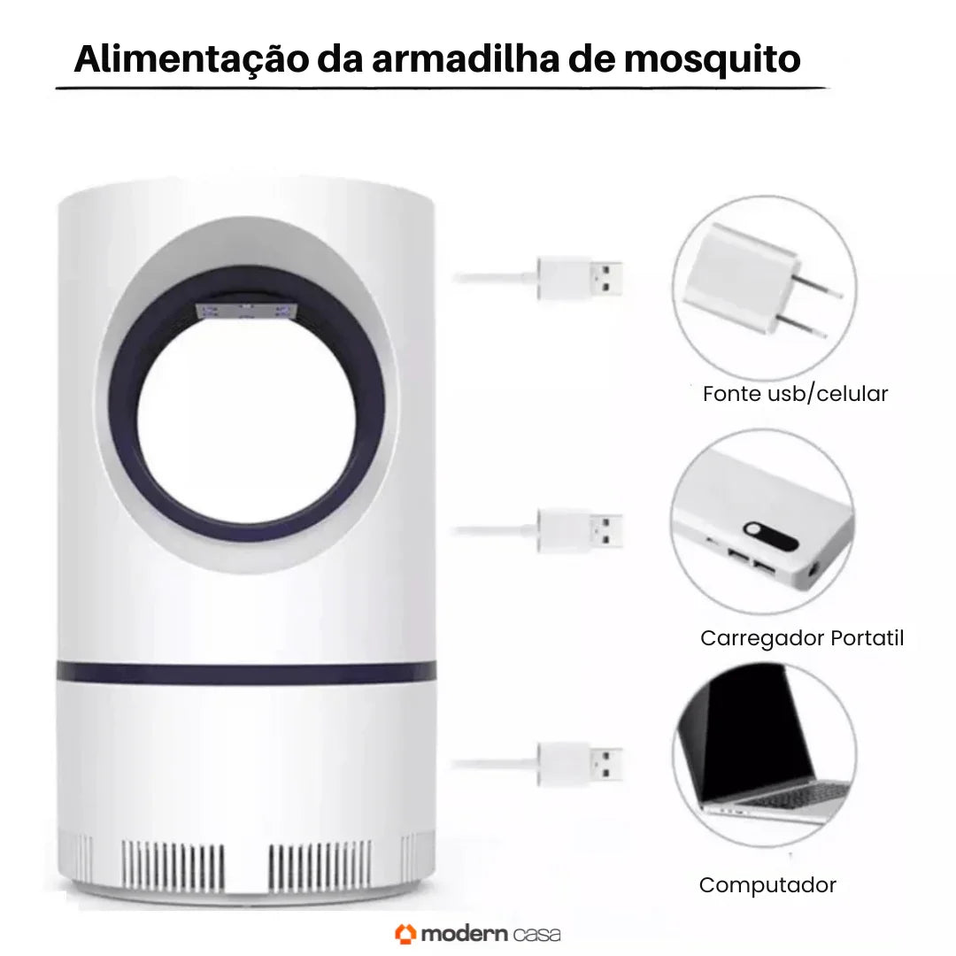 Armadilha Mata Mosquito UV USB Silenciosa 360°