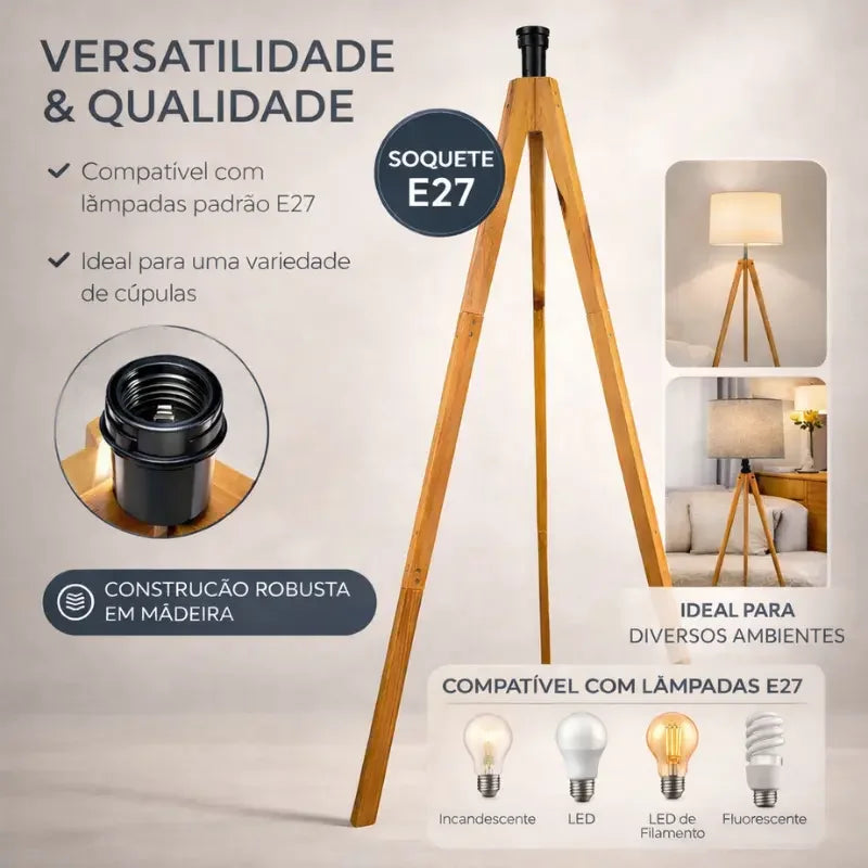 Abajur de Chão Rústico com Cúpula de Linho