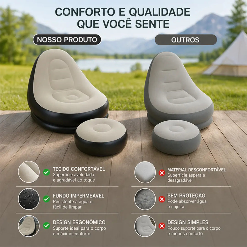 Poltrona Inflável com Puff e Bomba de Ar – Sofá Portátil para Descanso, Camping e Viagens