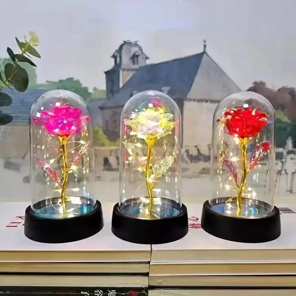 Rosa Encantada com Luz LED –  com Cúpula Decorativa Iluminada