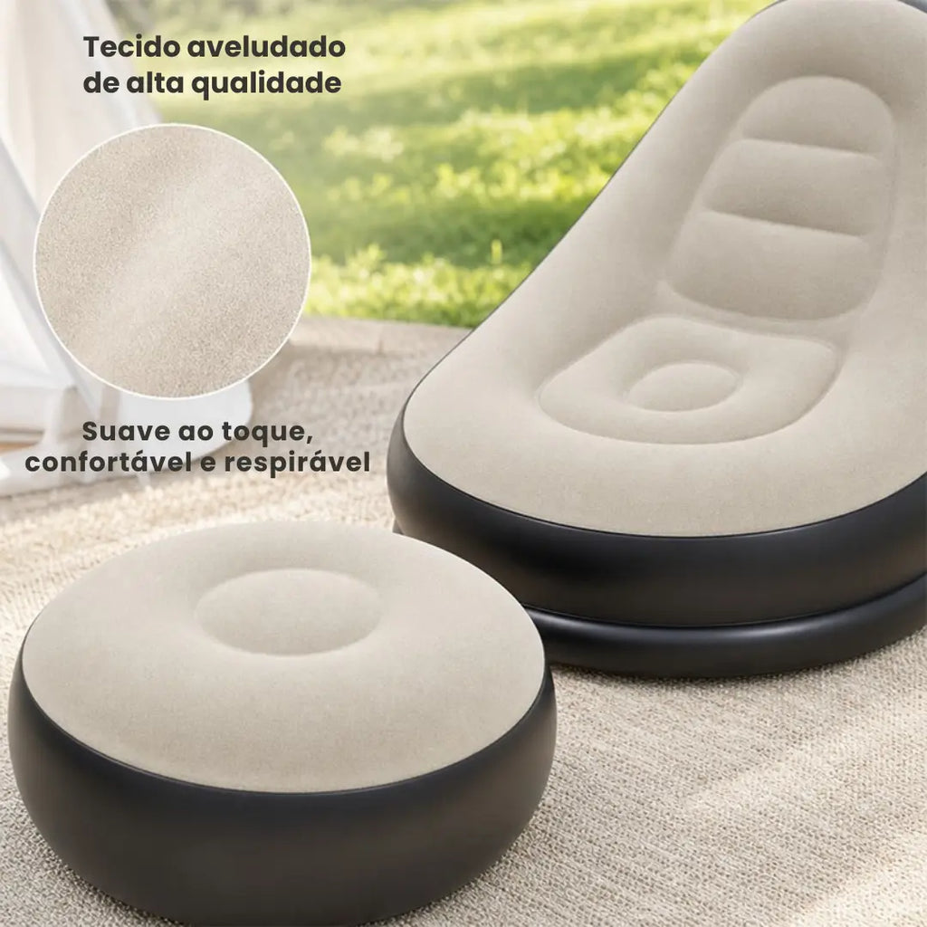 Poltrona Inflável com Puff e Bomba de Ar – Sofá Portátil para Descanso, Camping e Viagens