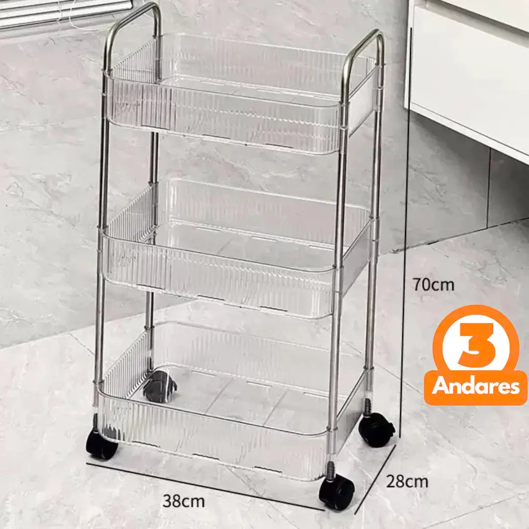 Carrinho Organizador Multiuso 3 Andares com Rodinhas 360° – Acrílico Transparente e Estrutura Resistente