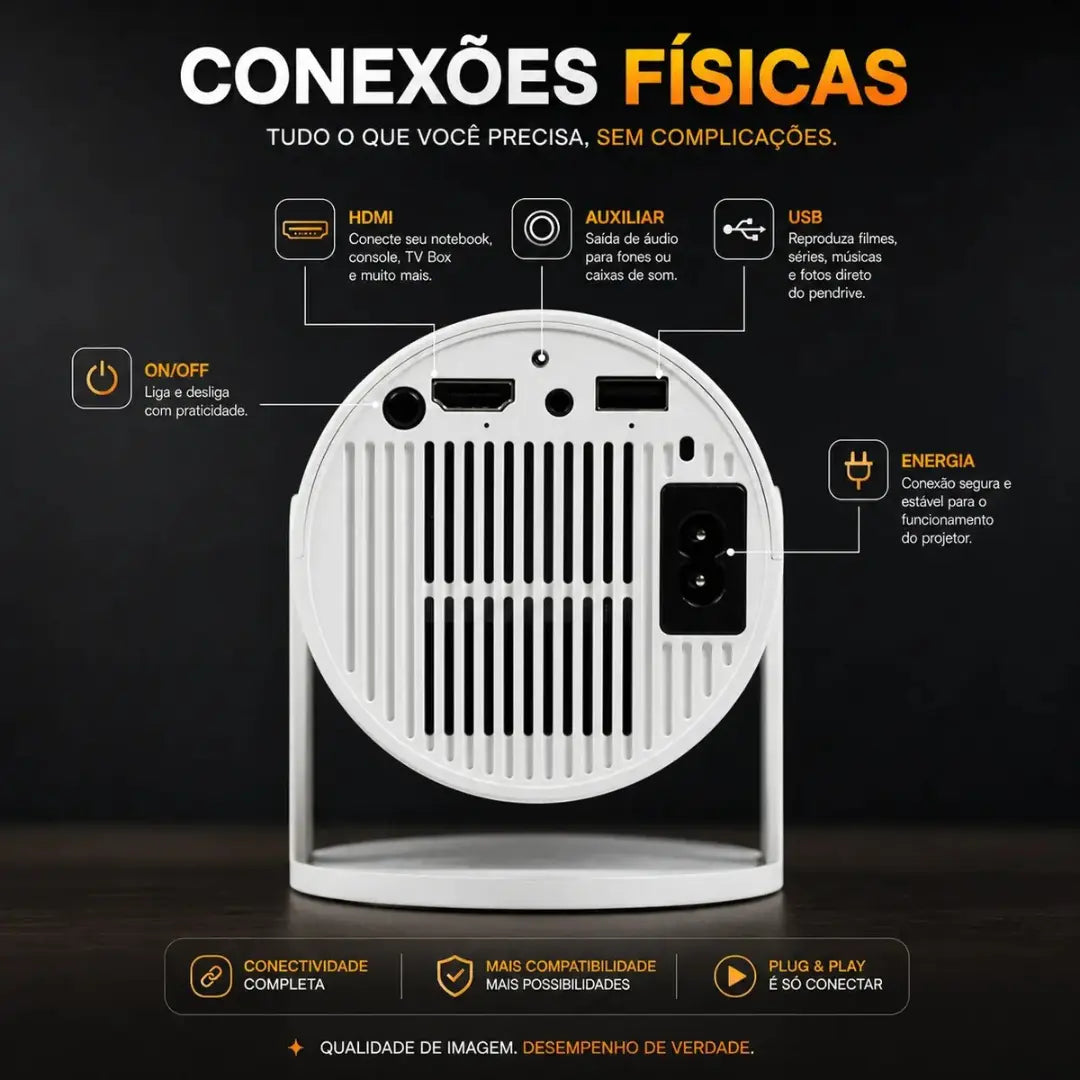 Projetor Inteligente HY300 PRO 4K Android 11 – Wi-Fi Dual Band, Bluetooth 5.0 e Rotação 180°