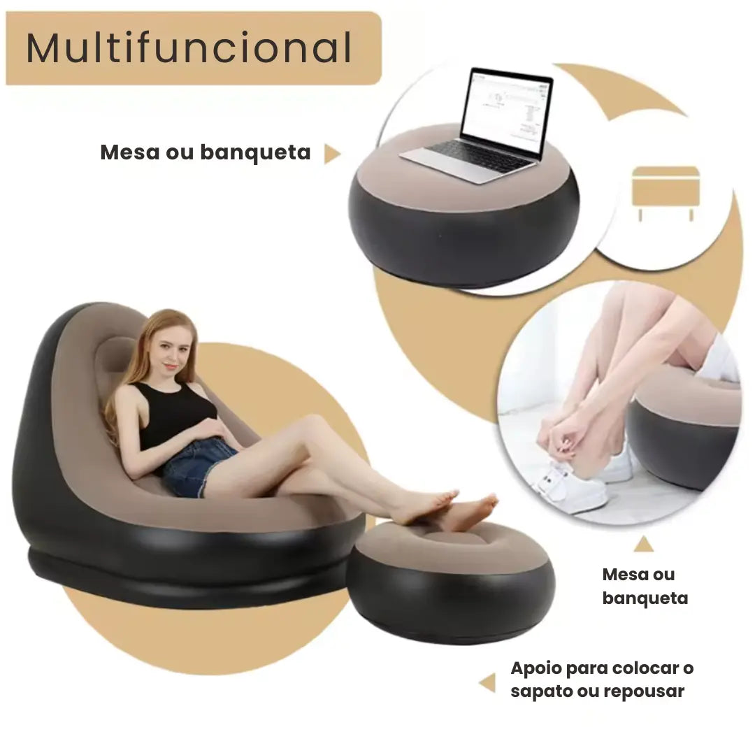 Poltrona Inflável com Puff e Bomba de Ar – Sofá Portátil para Descanso, Camping e Viagens