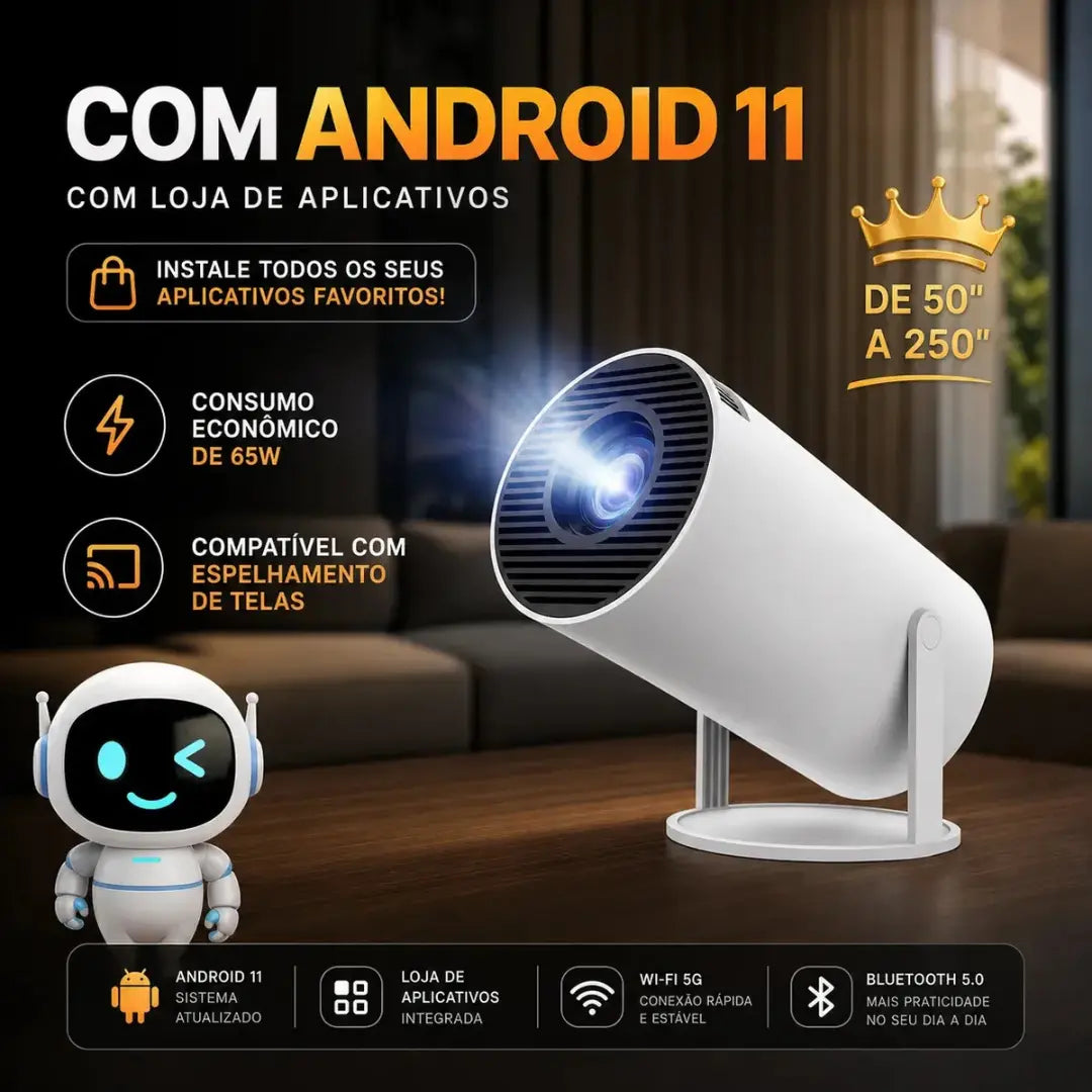 Projetor Inteligente HY300 PRO 4K Android 11 – Wi-Fi Dual Band, Bluetooth 5.0 e Rotação 180°