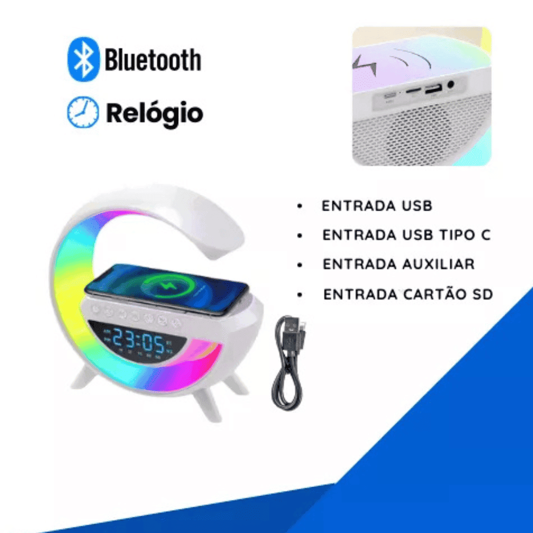 Luminária Bluetooth com Carregador Sem Fio e Despertador