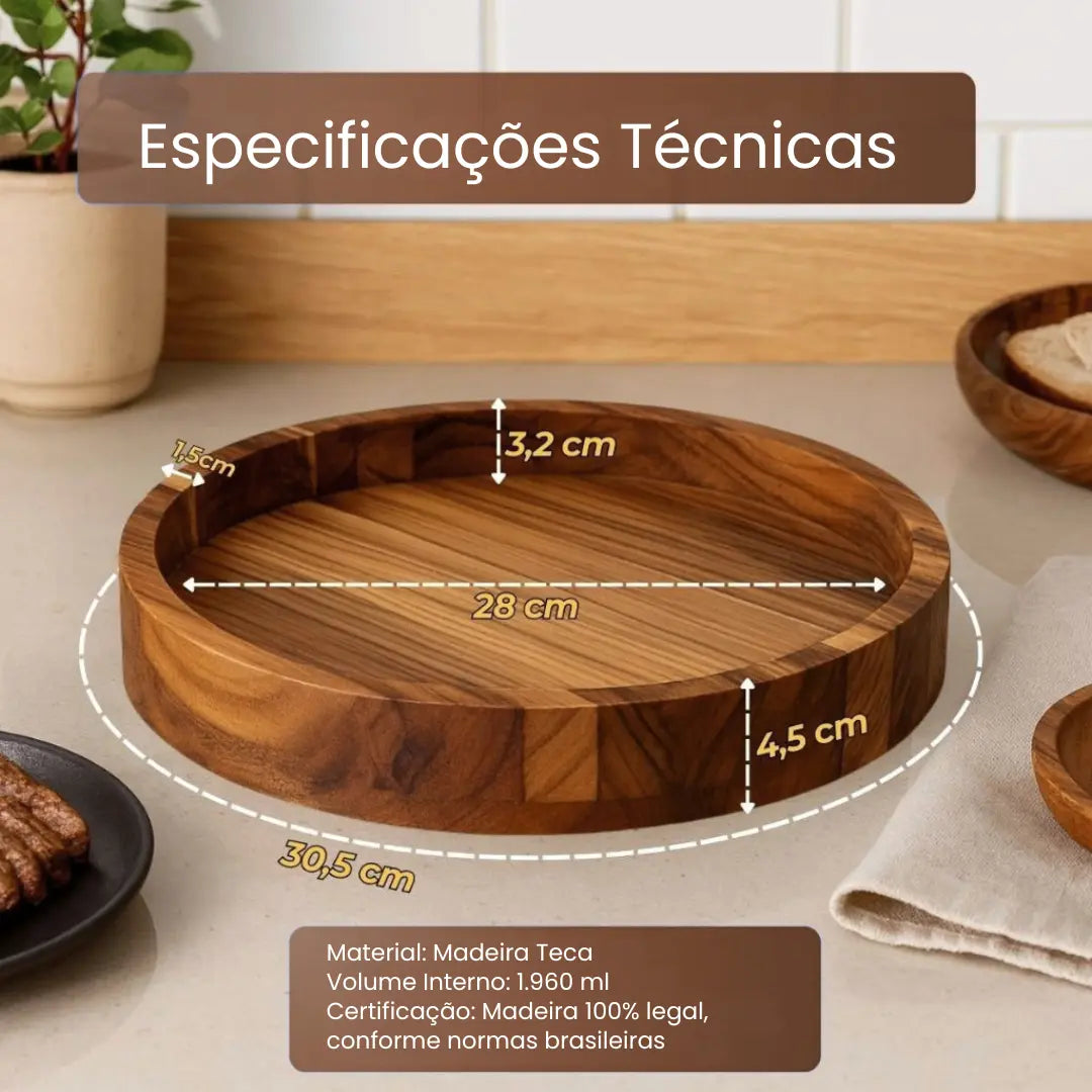 Gamela de Madeira Teca 30cm com Tampa de Vidro
