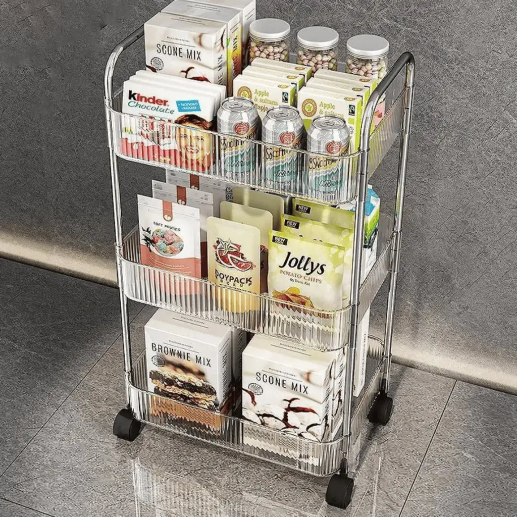 Carrinho Organizador Multiuso 3 Andares com Rodinhas 360° – Acrílico Transparente e Estrutura Resistente