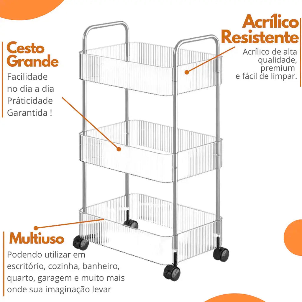 Carrinho Organizador Multiuso 3 Andares com Rodinhas 360° – Acrílico Transparente e Estrutura Resistente