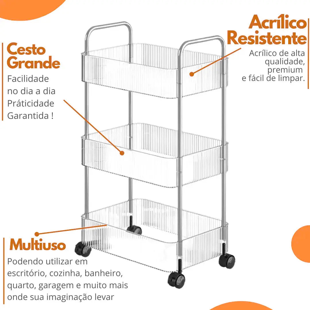 Carrinho Organizador Multiuso 3 Andares com Rodinhas 360° – Acrílico Transparente e Estrutura Resistente