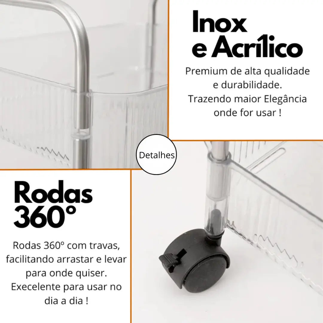 Carrinho Organizador Multiuso 3 Andares com Rodinhas 360° – Acrílico Transparente e Estrutura Resistente