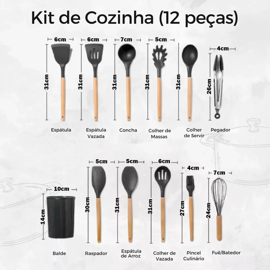 Jogo de Utensílios Cozinha em Silicone Antiaderente Kit com 12 Peças