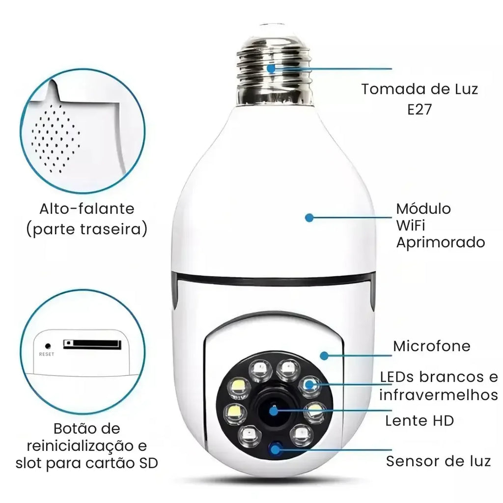 Câmera Segurança Lâmpada Wifi 360° Full HD