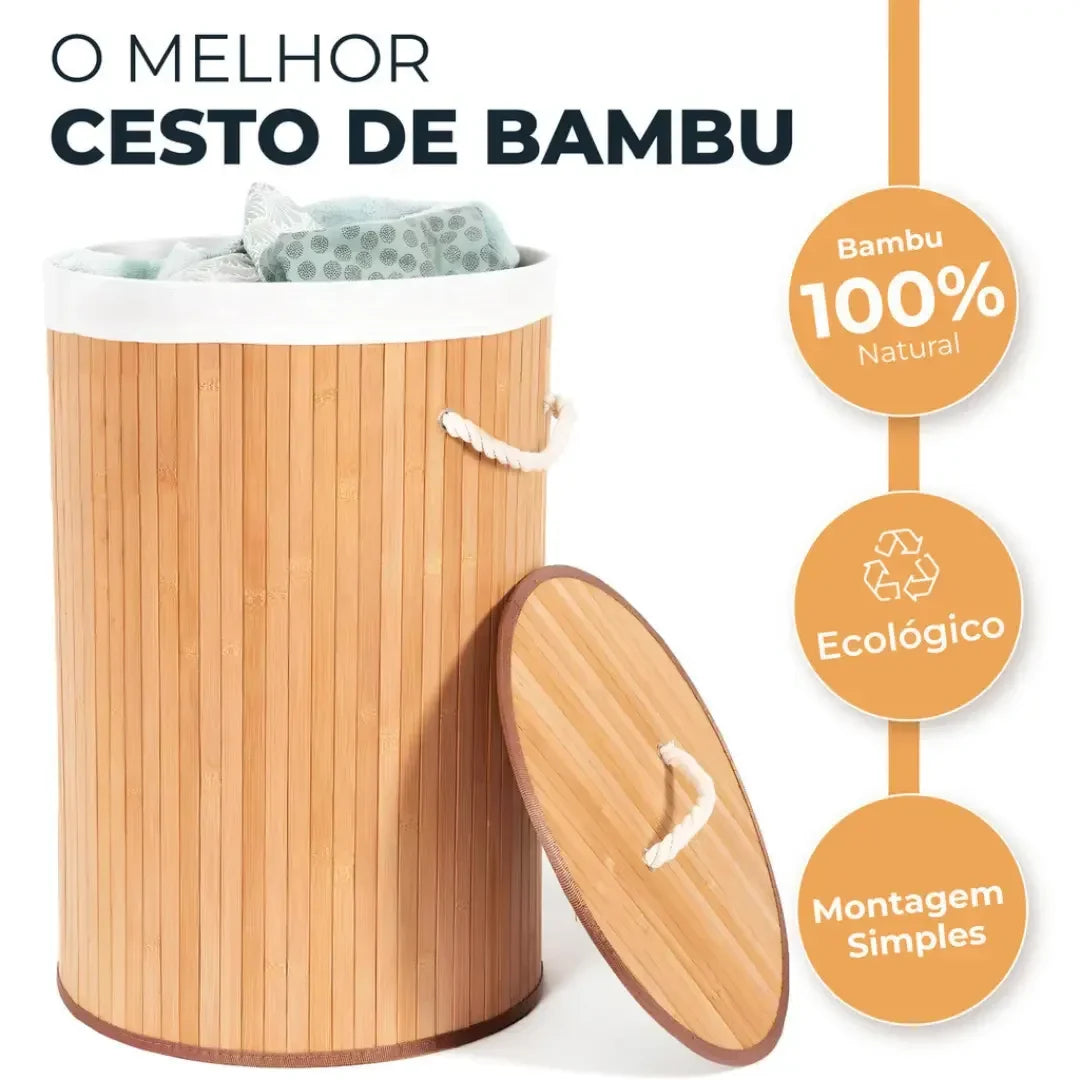 Cesto de Roupas em Bambu com Forro em Tecido Redondo