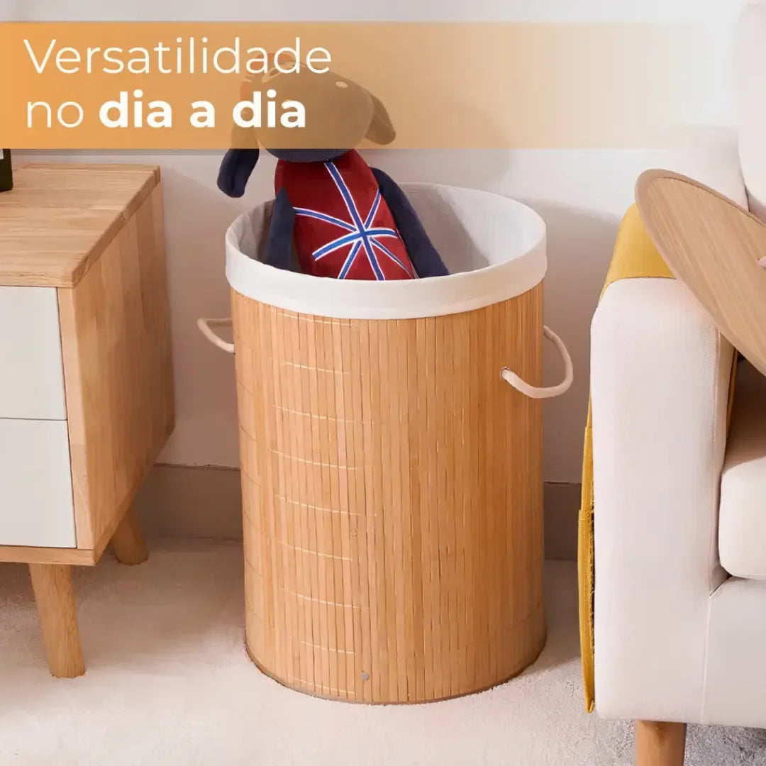 Cesto de Roupas em Bambu com Forro em Tecido Redondo