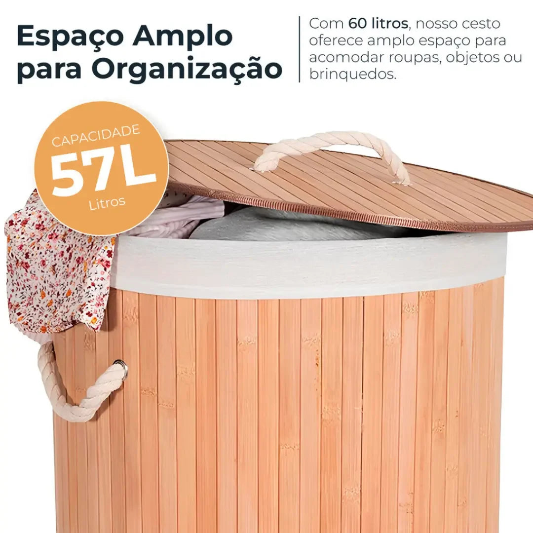 Cesto de Roupas em Bambu com Forro em Tecido Redondo