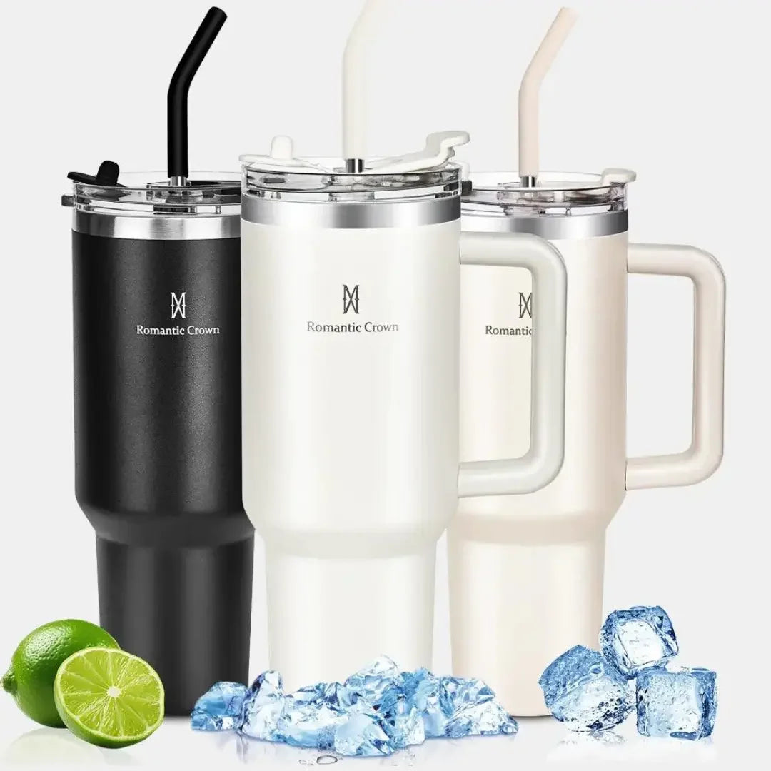 Copo Térmico Inox Portátil com Tampa e Canudo Romantic Crown 1200ML