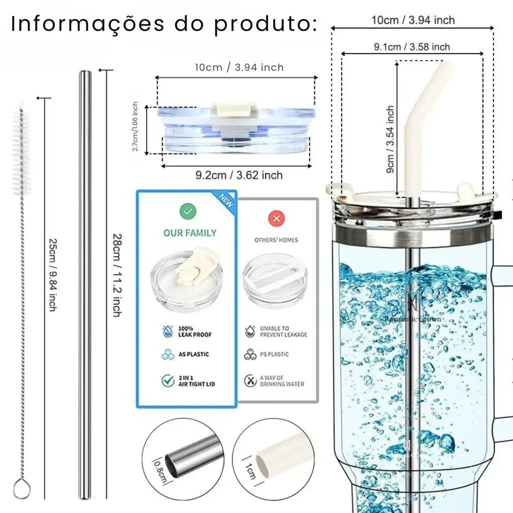 Copo Térmico Inox Portátil com Tampa e Canudo Romantic Crown 1200ML