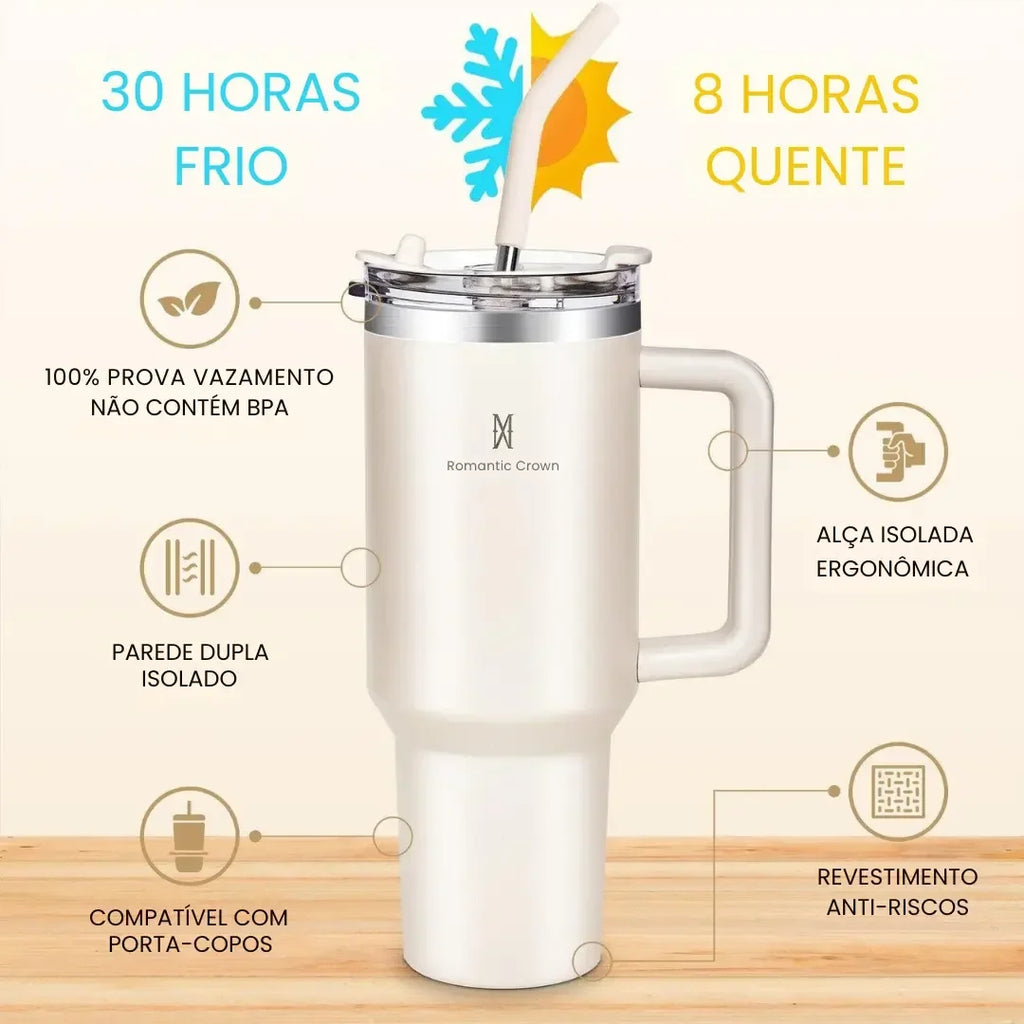 Copo Térmico Inox Portátil com Tampa e Canudo Romantic Crown 1200ML