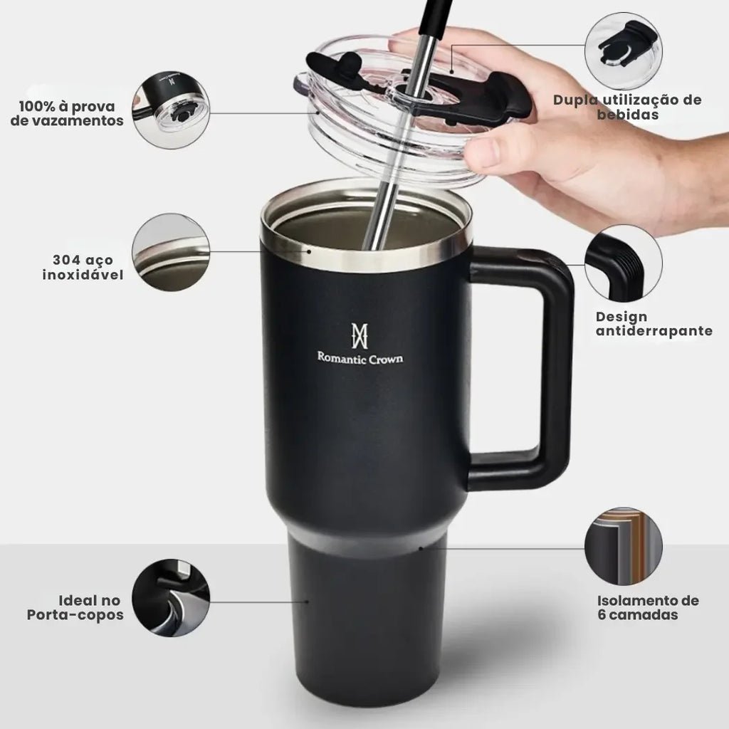 Copo Térmico Inox Portátil com Tampa e Canudo Romantic Crown 1200ML