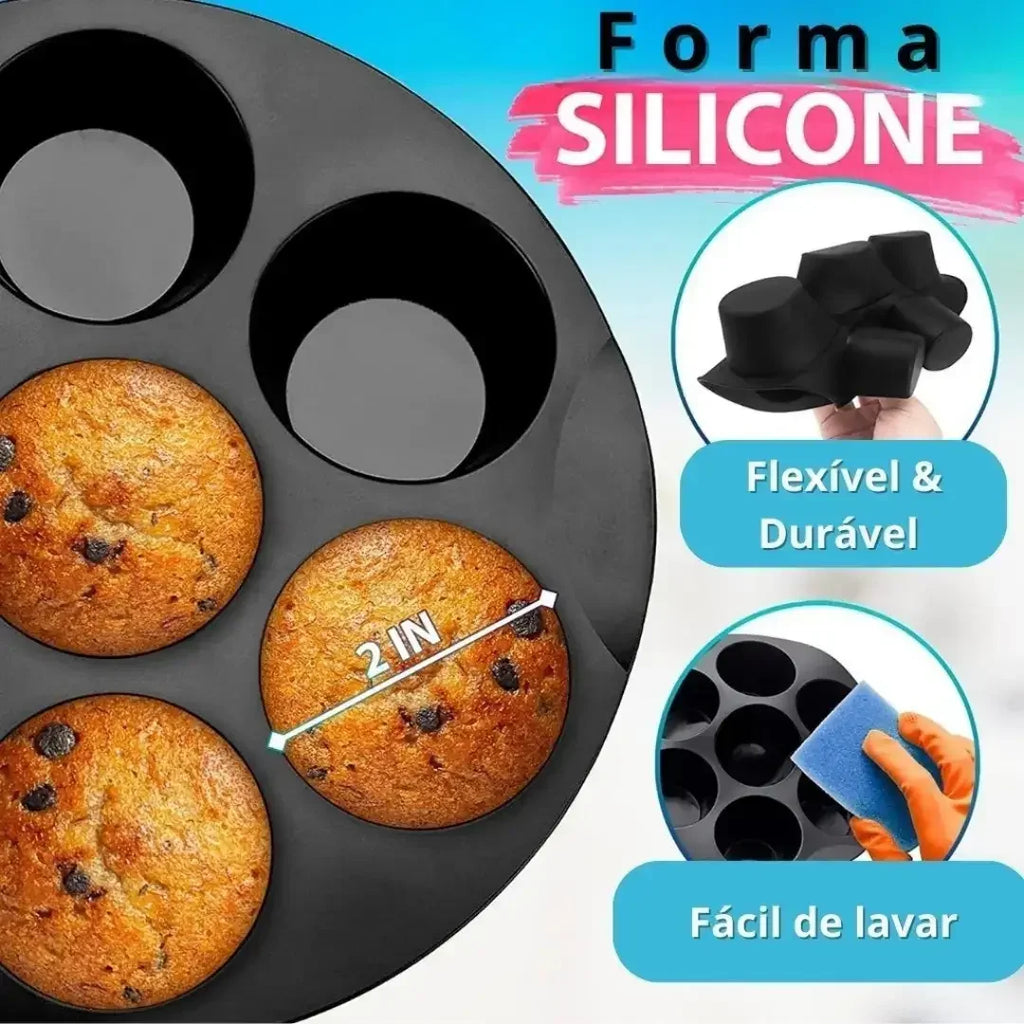 Forma de Silicone para Air Fryer com 7 Cavidades – Antiaderente para Cupcakes, Muffins e Mini Bolos