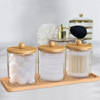 Kit 3 Potes Organizadores com Tampa de Madeira e Bandeja de Bambu