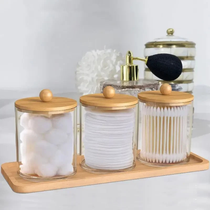 Kit 3 Potes Organizadores com Tampa de Madeira e Bandeja de Bambu