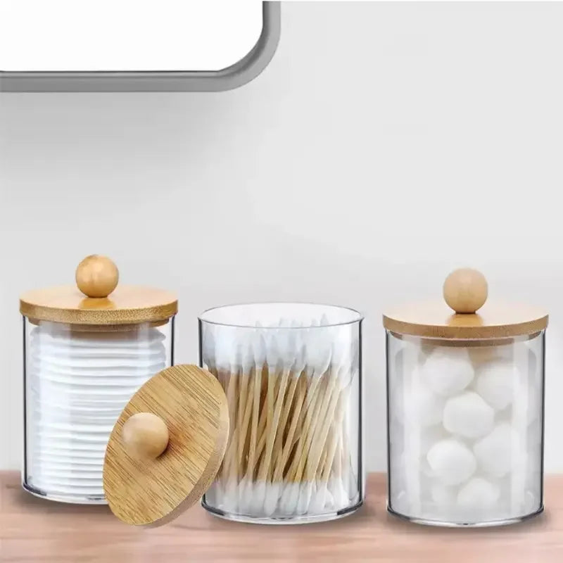 Kit 3 Potes Organizadores com Tampa de Madeira e Bandeja de Bambu
