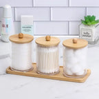 Kit 3 Potes Organizadores com Tampa de Madeira e Bandeja de Bambu