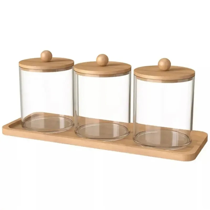 Kit 3 Potes Organizadores com Tampa de Madeira e Bandeja de Bambu