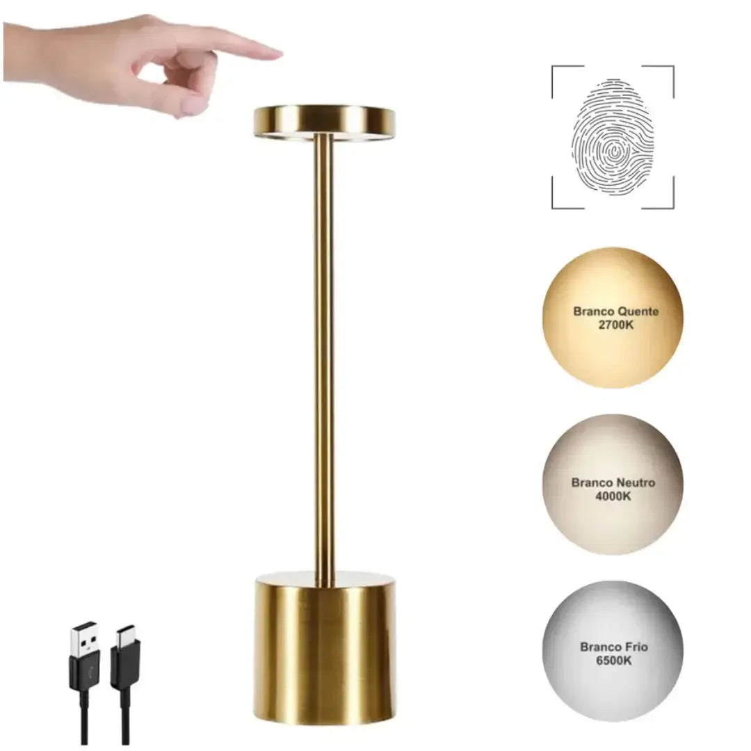 Luminária de Mesa LED Touch Recarregável USB com 3 Tons de Luz