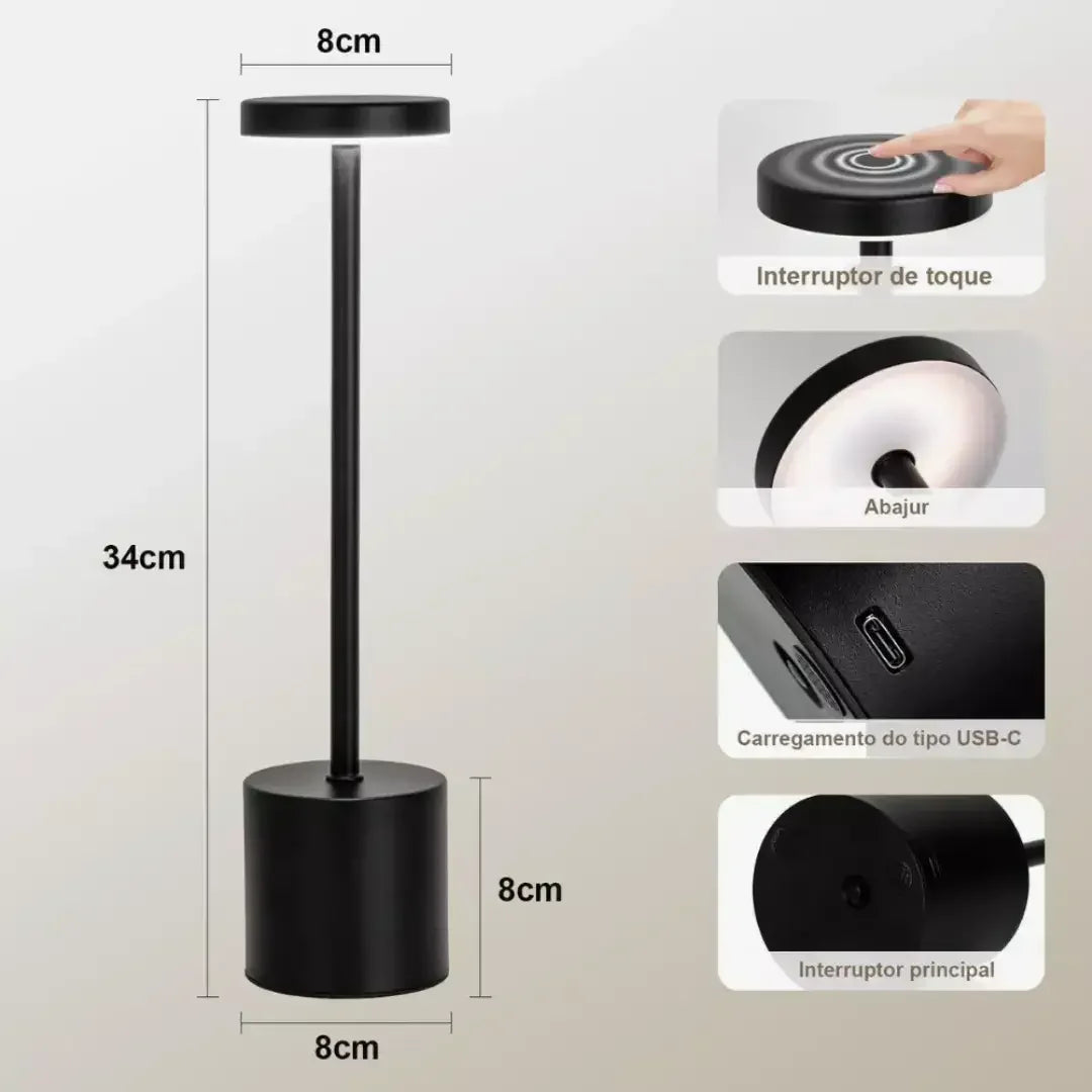 Luminária de Mesa LED Touch Recarregável USB com 3 Tons de Luz