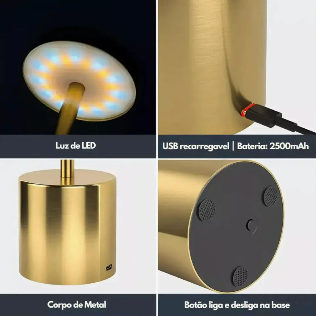 Luminária de Mesa LED Touch Recarregável USB com 3 Tons de Luz