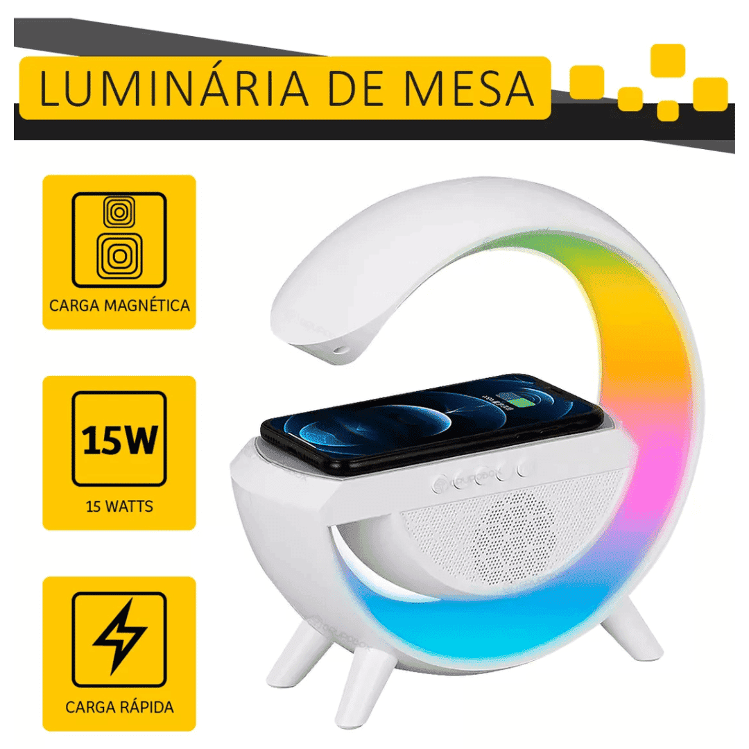 Luminária Bluetooth com Carregador Sem Fio e Despertador