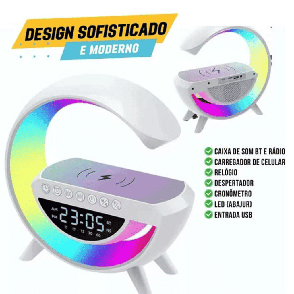 Luminária Bluetooth com Carregador Sem Fio e Despertador