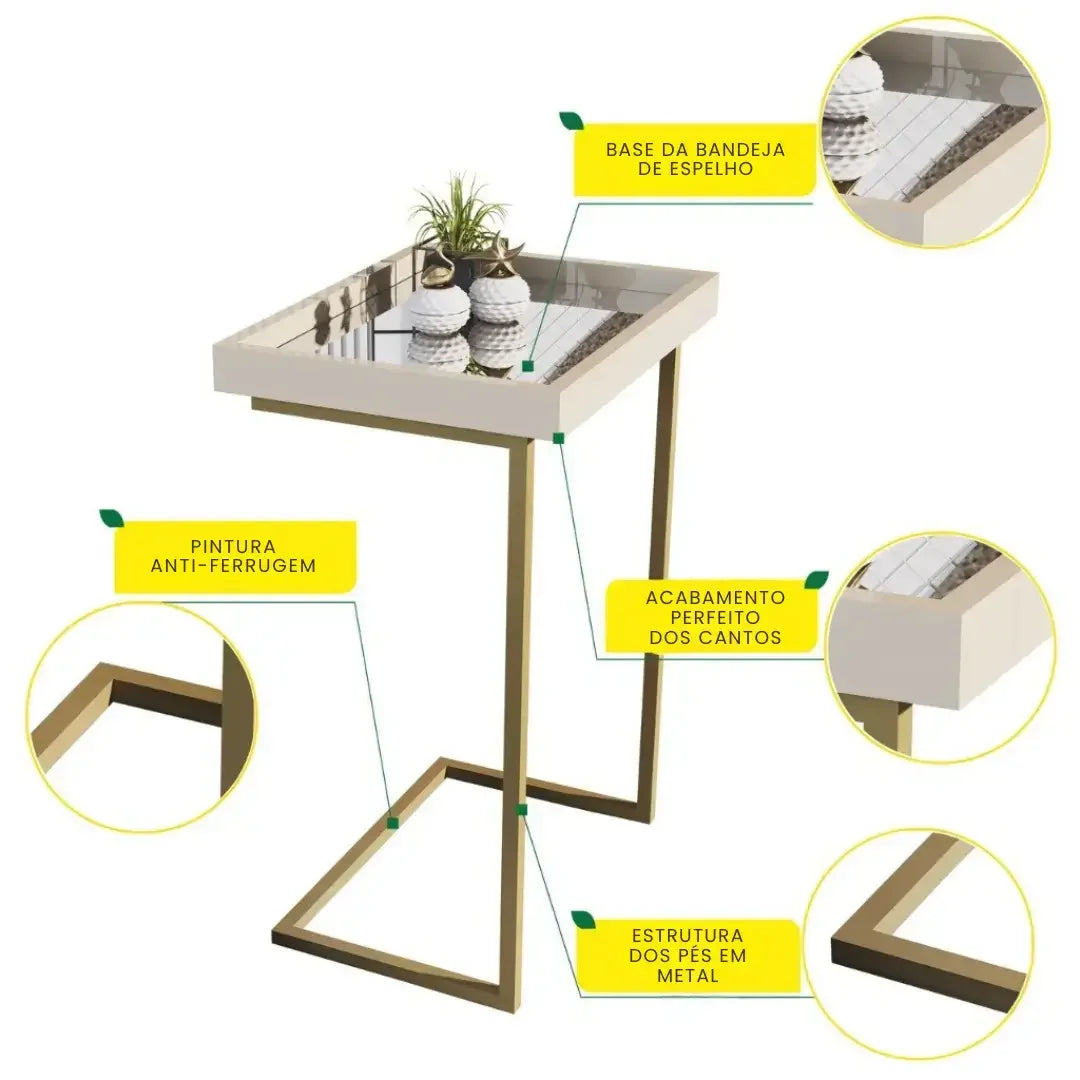 Mesa Lateral de Apoio Sofá Com Espelho