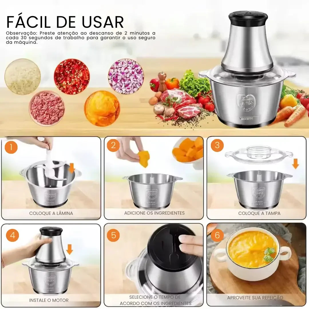 Moedor e Triturador de Alimentos Elétrico 300W em Aço Inox