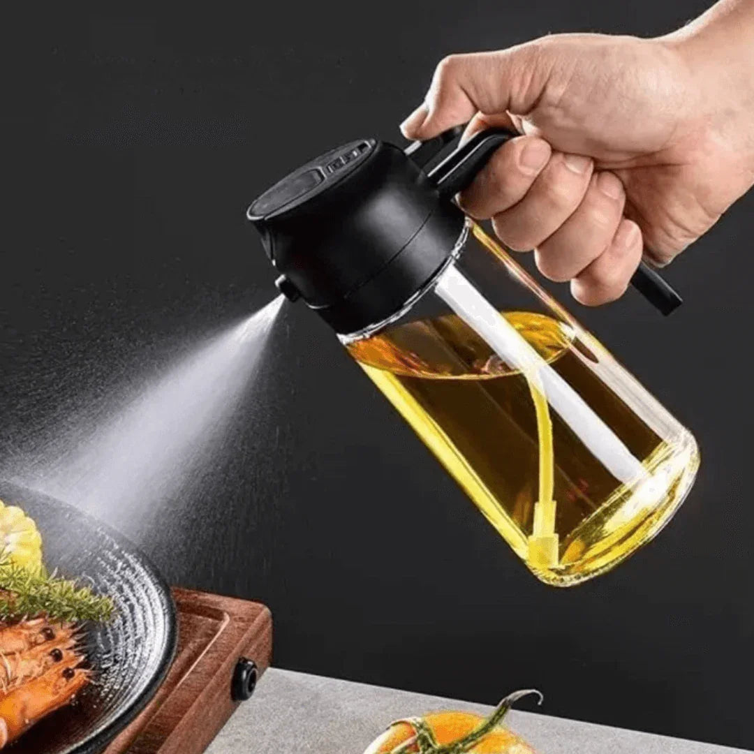 Porta Azeite Spray 2 em 1 de Vidro 465ml – Pulverizador de Óleo para Air Fryer, Saladas e Cozinha