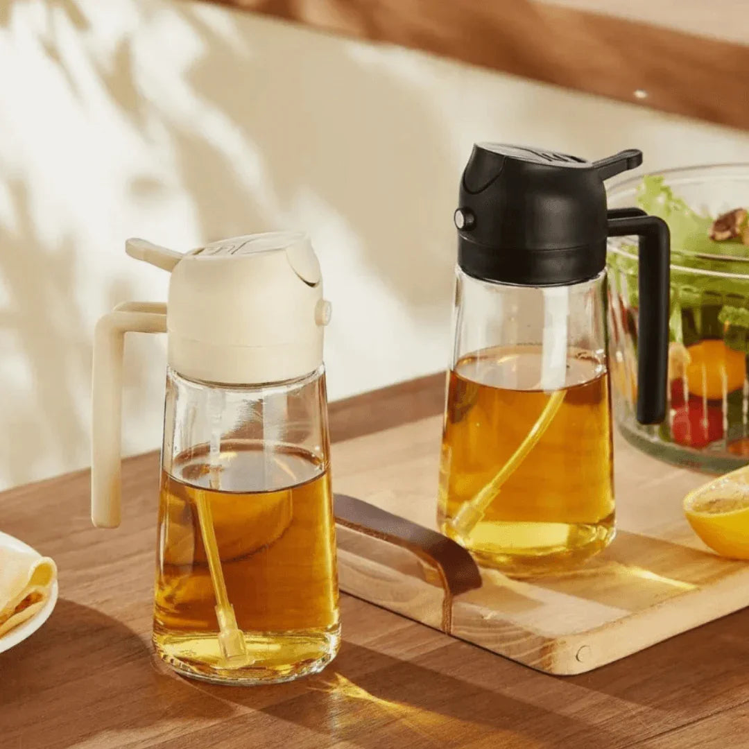 Porta Azeite Spray 2 em 1 de Vidro 465ml – Pulverizador de Óleo para Air Fryer, Saladas e Cozinha