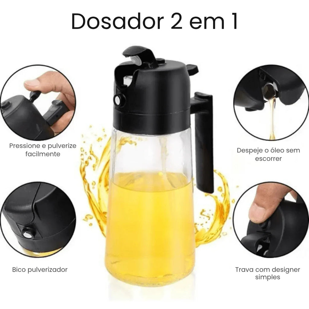 Porta Azeite Spray 2 em 1 de Vidro 465ml – Pulverizador de Óleo para Air Fryer, Saladas e Cozinha