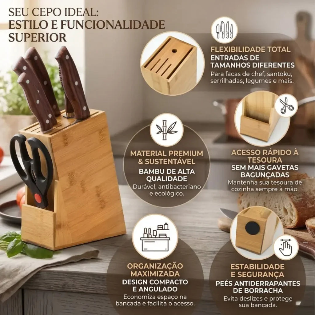 Suporte Organizador de Facas em Bambu Natural