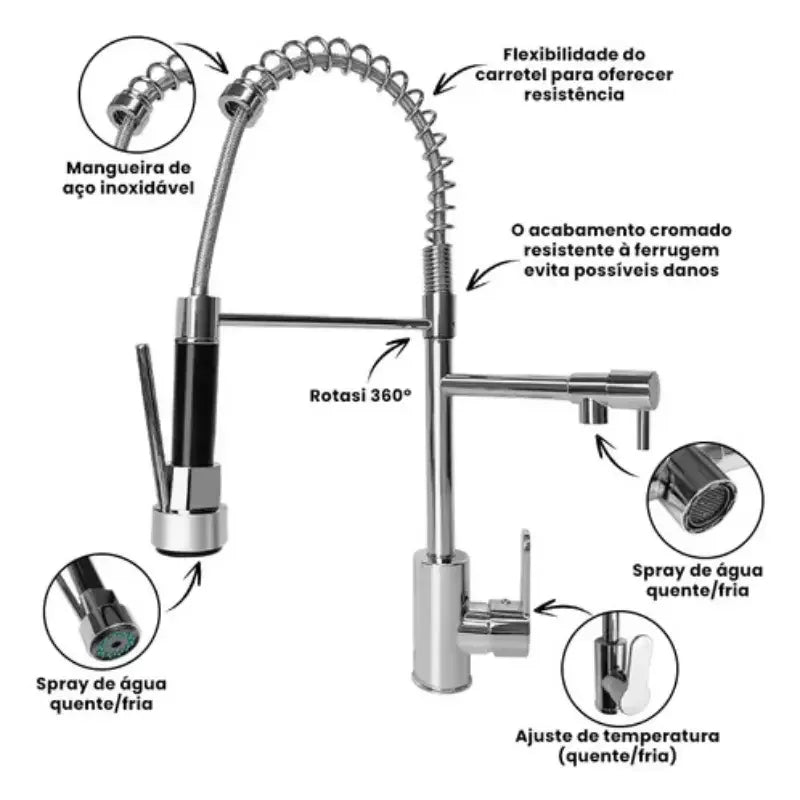 Torneira Gourmet Cozinha Flexível com Ducha Dupla 360°