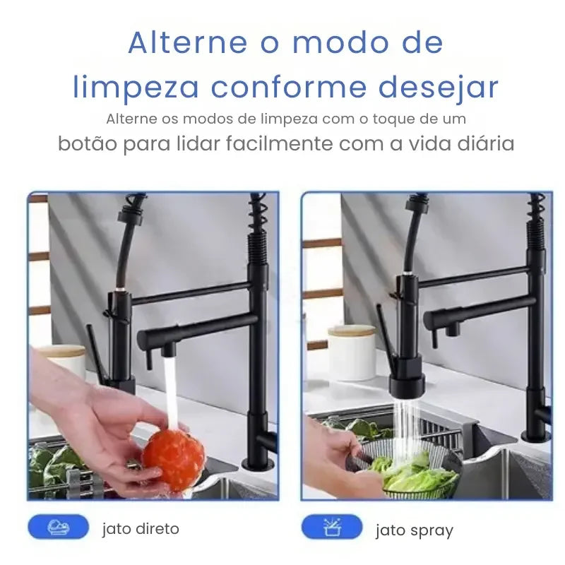 Torneira Gourmet Cozinha Preta Flexível com Ducha Dupla 360°