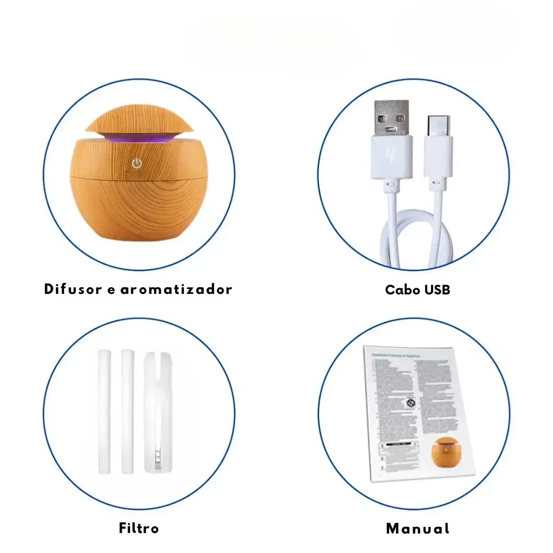 Umidificador e Difusor Ultrassônico Luzes Madeira USB