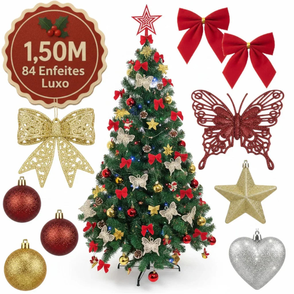 Kit Completo de Árvore de Natal 1,5m com 84 Enfeites