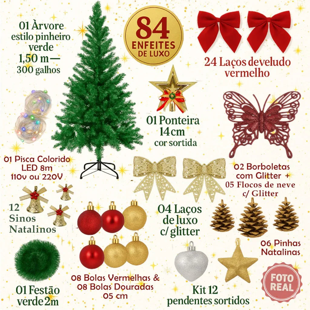 Kit Completo de Árvore de Natal 1,5m com 84 Enfeites